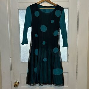 Women’s Dark Teal 3/4 Sleeve Polka Dot Dress with Sheer Overlay Size Medium